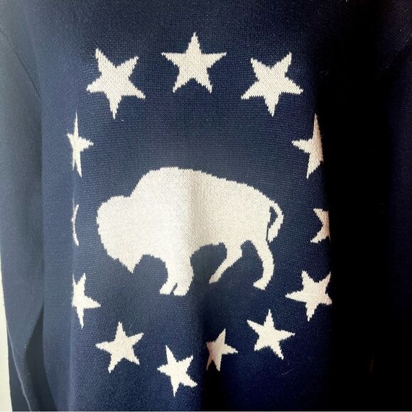 Lucky Brand Blue Cream Novelty Crew Sweater Buffalo Stars Americana Design XL - Picture 5 of 11